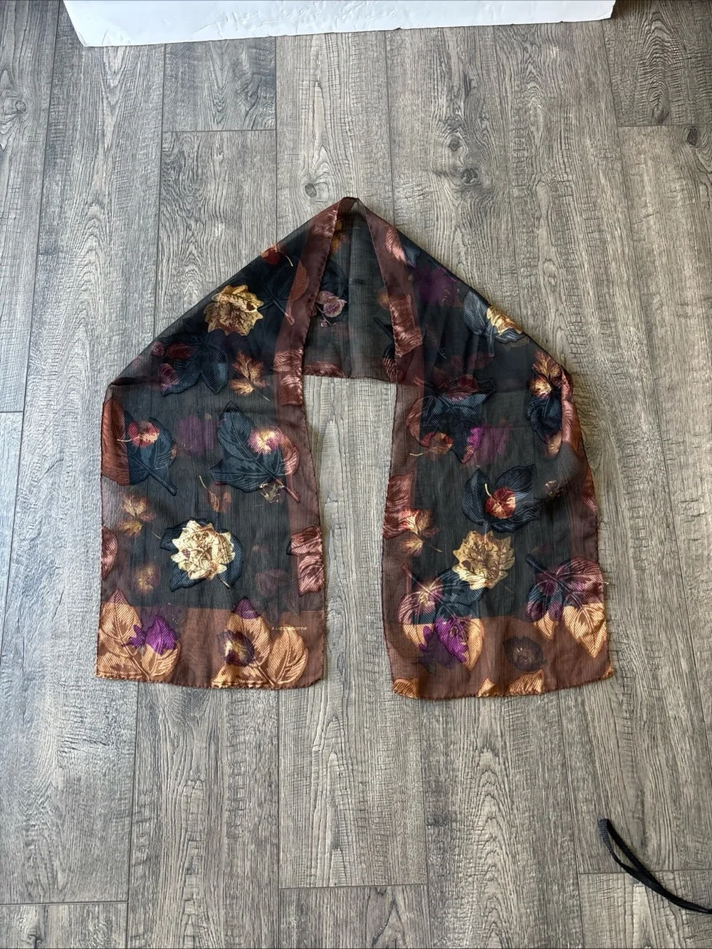 Liz Claiborne Black Sheer Floral Scarf with Bronze and Purple Accents
